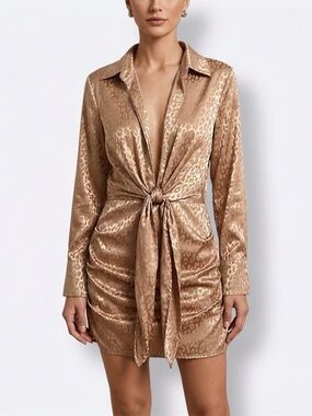 SHEIN Gold Satin Leopard-Print Tie-Front Mini Dress - S